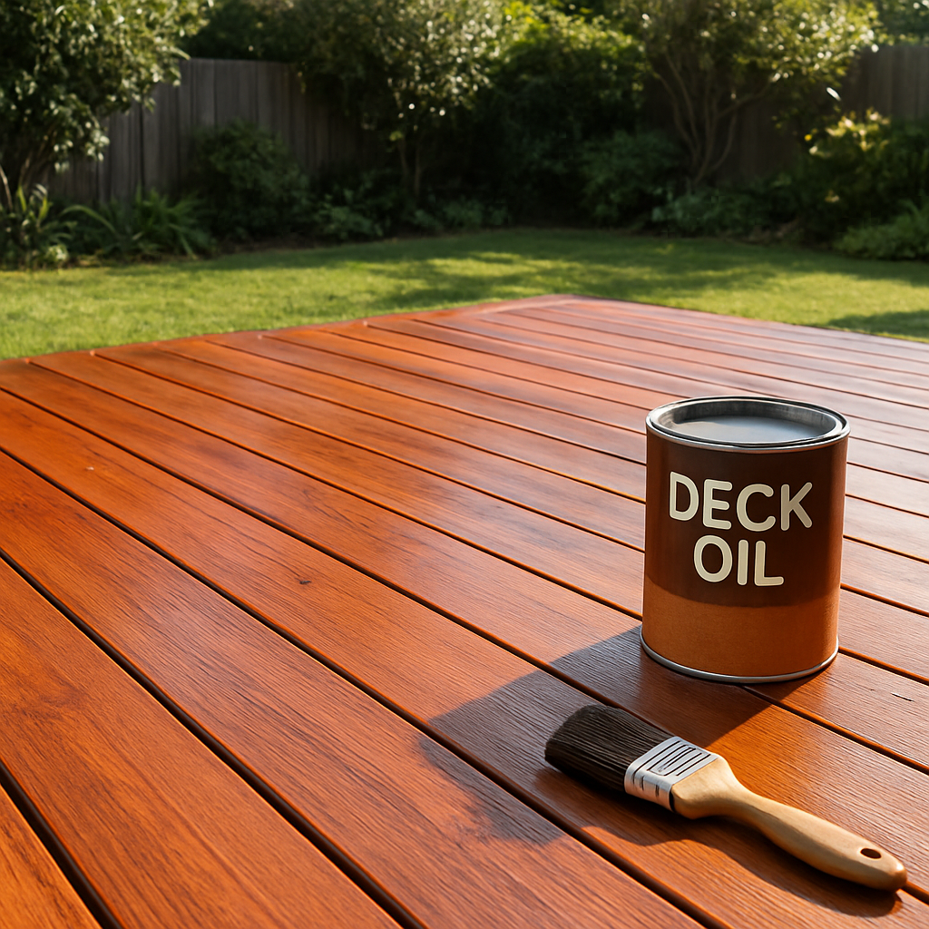 Freshly oiled and restored outdoor timber deck in Australian backyard