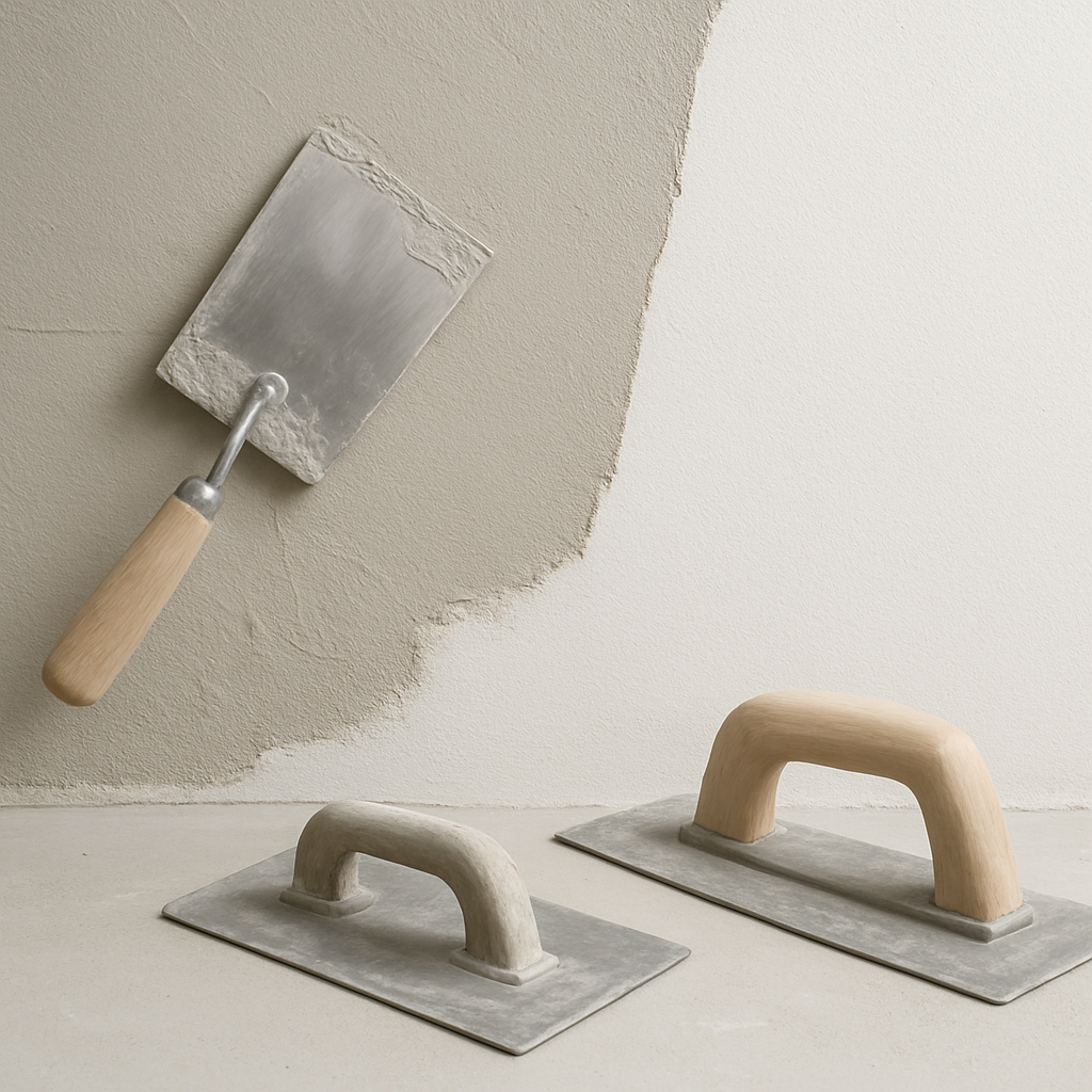 Smooth fresh plaster being applied to a wall with professional trowel finish