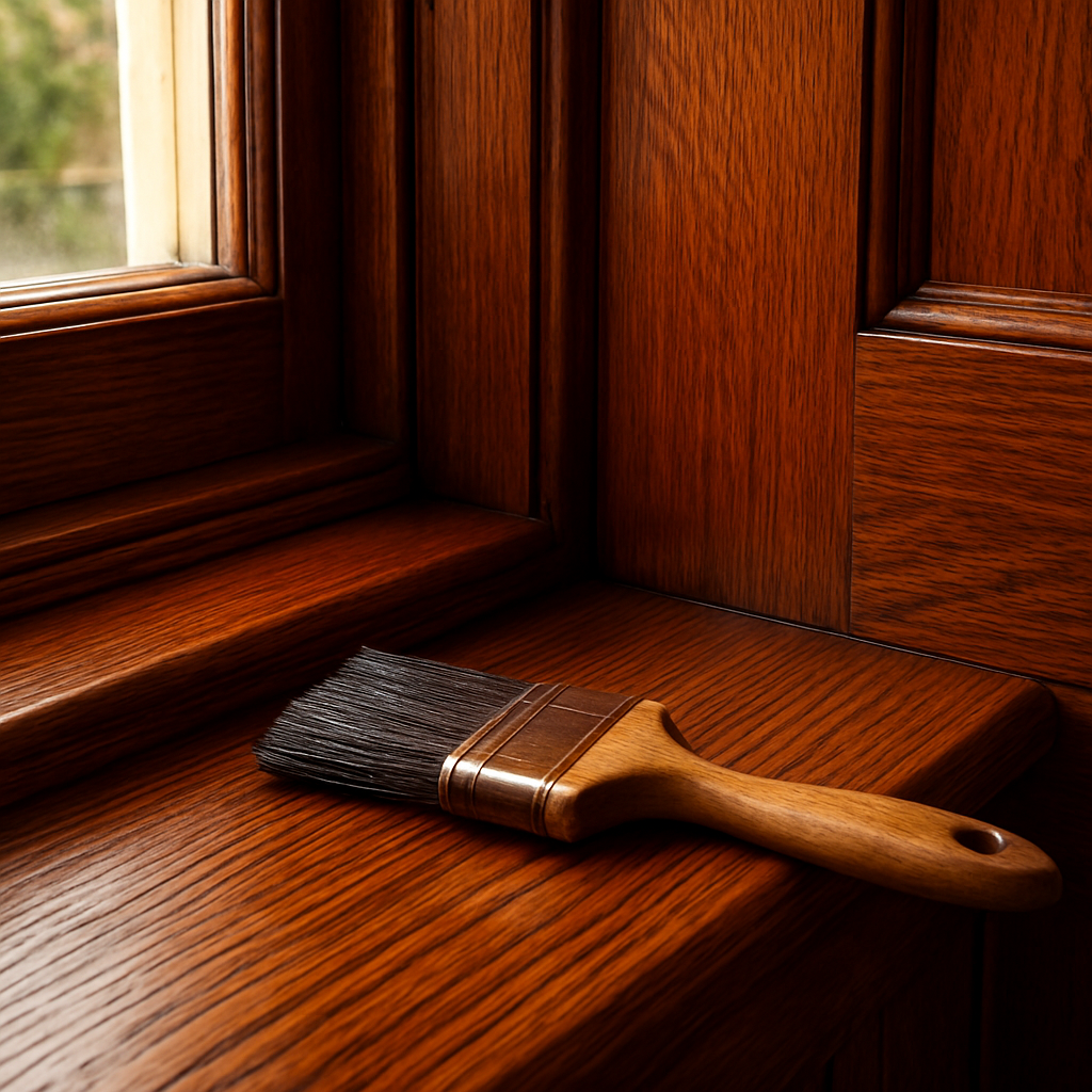 Restored stained timber window frames with rich warm wood finish