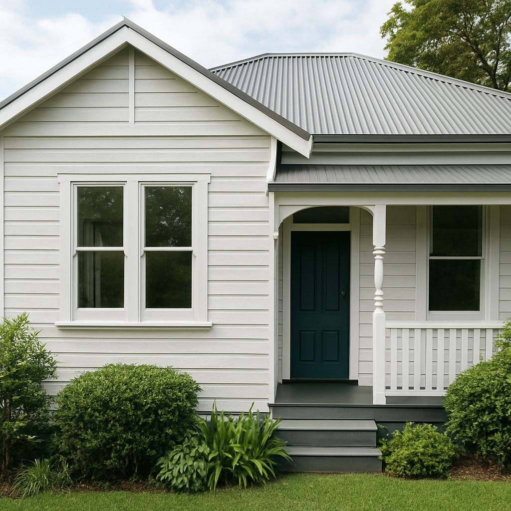 Classic Melbourne weatherboard house with crisp freshly painted white timber cladding